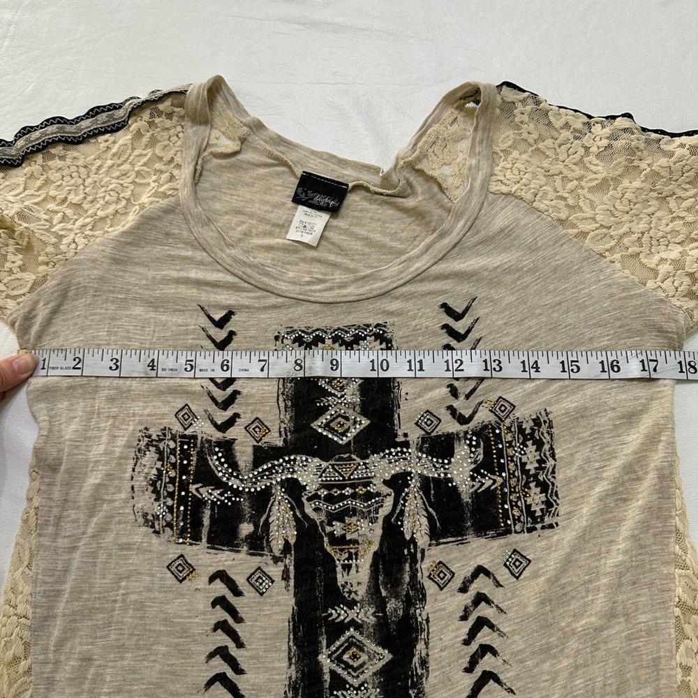 VTG Y2K Daytrip Graphic Tee Lace Women L Western Steer Skull Rhinestone Festival - Picture 5 of 10